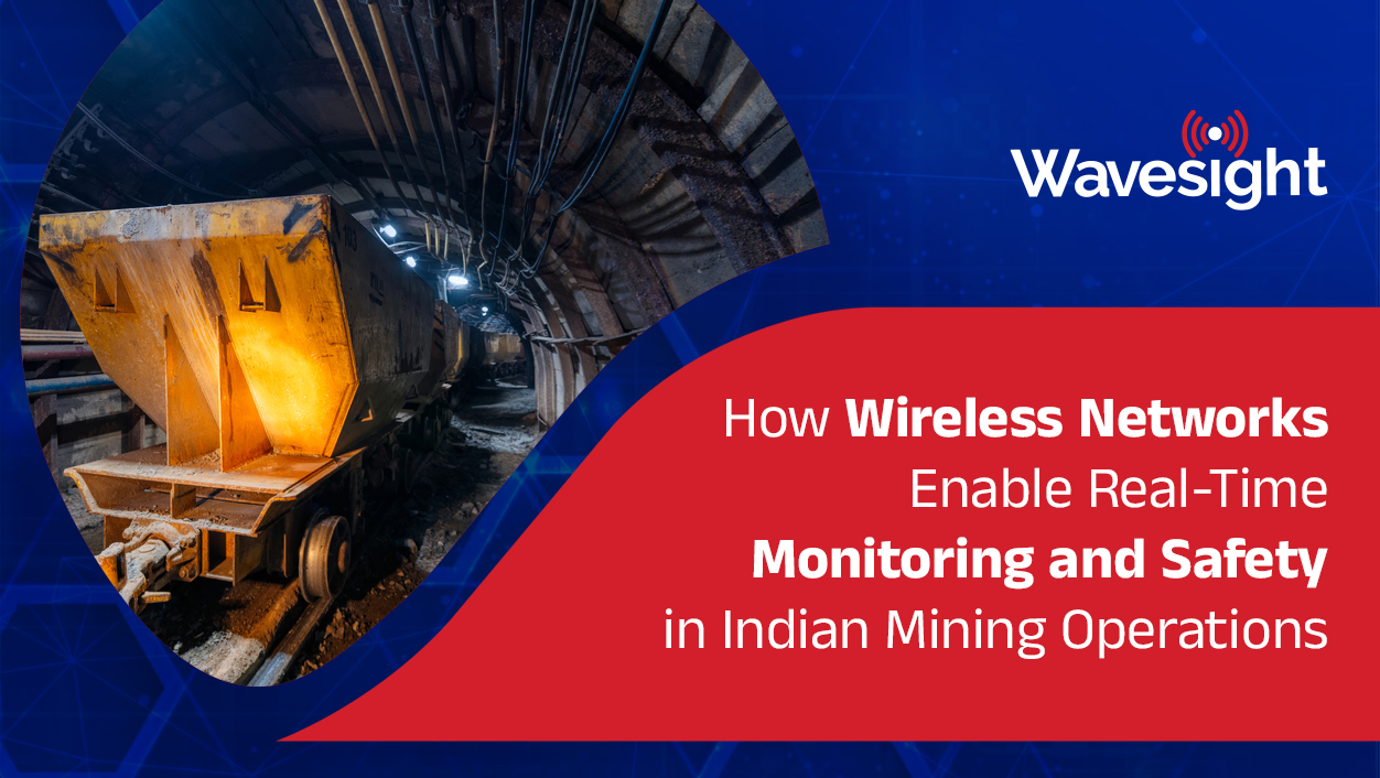 Graphic design by Wavesight for there insights topic :How Wireless Networks Enable Real-Time Monitoring and Safety in Indian Mining Operations. featured a mine image and title , created in there logo brand combination color design